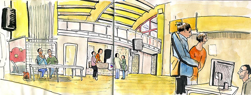 La vue depuis le stand de l'association "L'oiseau lire" Dessin du Forum des associations de Beaurepaire